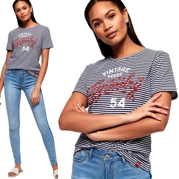 Superdry Blue and White Striped Crew Neck Rope Lettering Short Sleeve Tee Size 8 - Picture 1 of 12